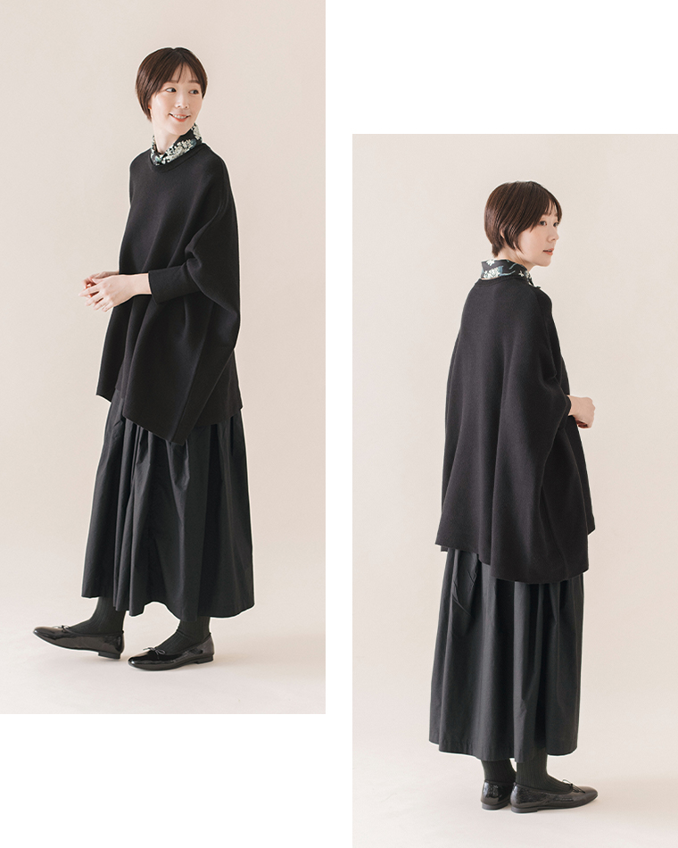 &yarn ニットワイドプルオーバー(ブラック)の全身横と斜め後ろ