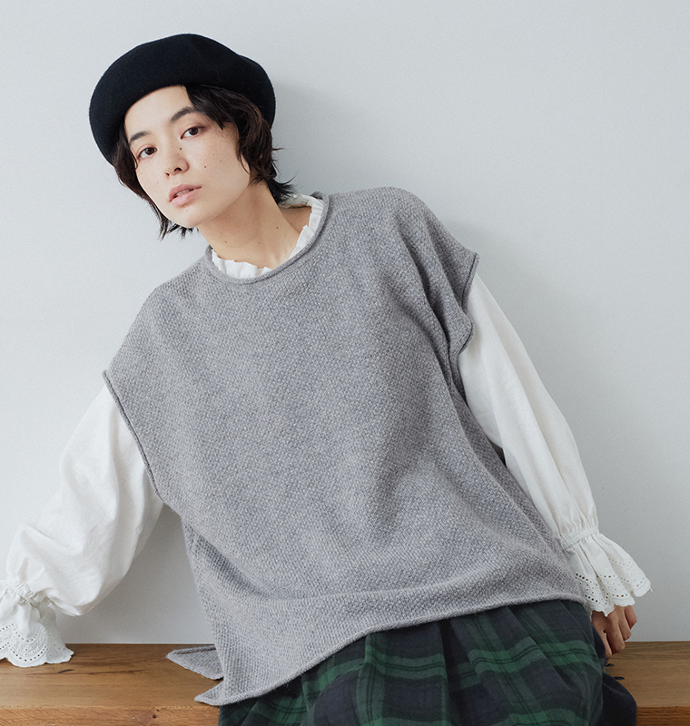 Bliss bunchラムナイロン 鹿の子 ワイドドロップベスト杢グレーのデザイン