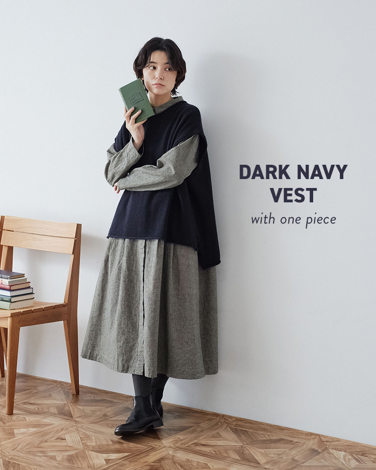 Bliss bunchコットンリネン先染め切替シャツワンピースハウンズトゥースとダークネイビーベスト合わせ