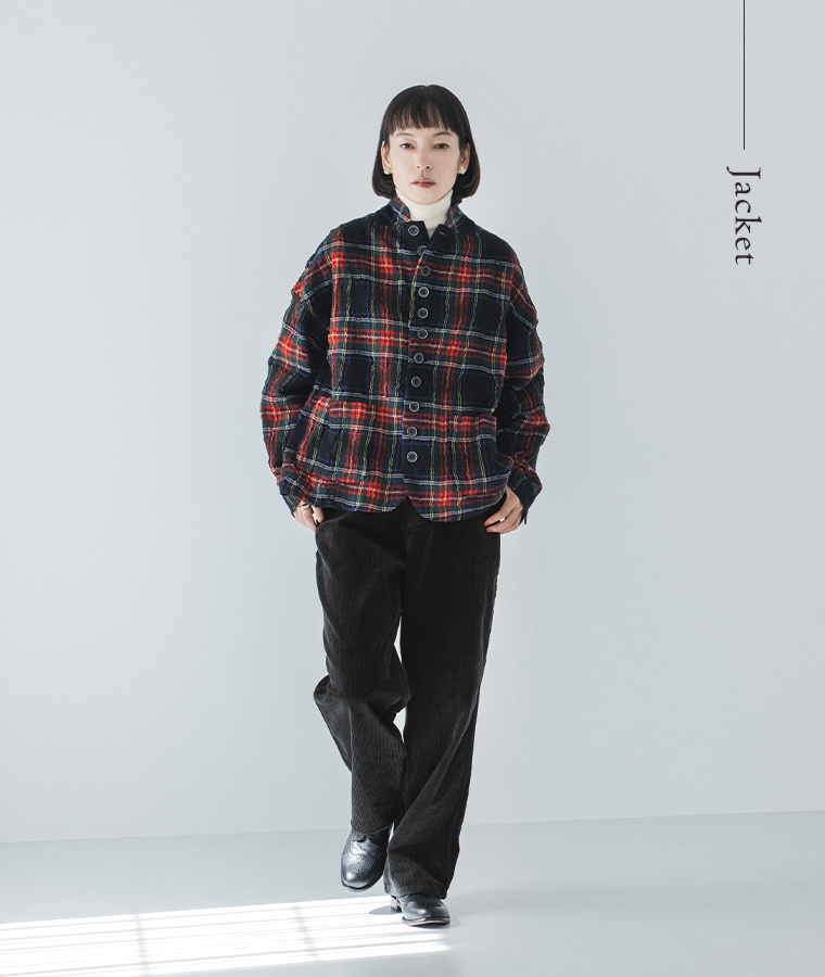 ICHI Antiquites  コットンウールタータンチェック　ジャケットの着こなし