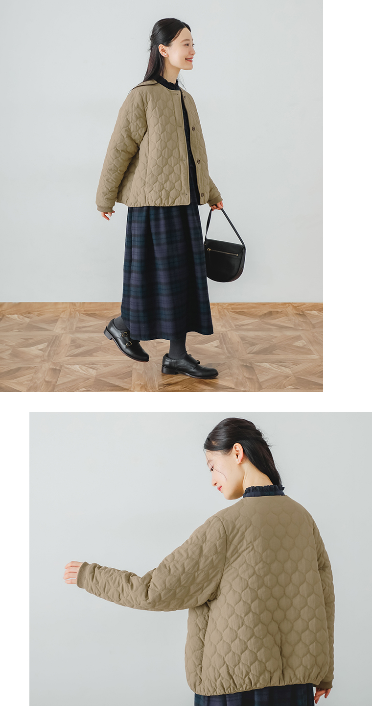 【 no jean 】ナイロンタスラン薄中綿ジャケット 全身コーディネート＆アウター寄りバックスタイル