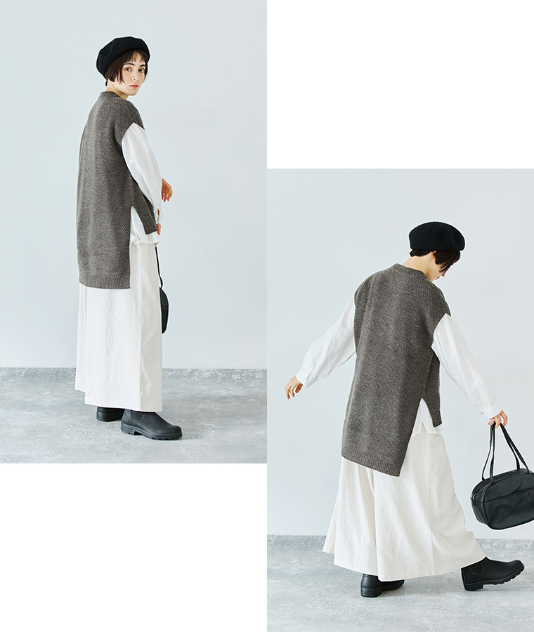 08Mab アクリルウール鹿の子編みベスト チャコール 全身横後ろ