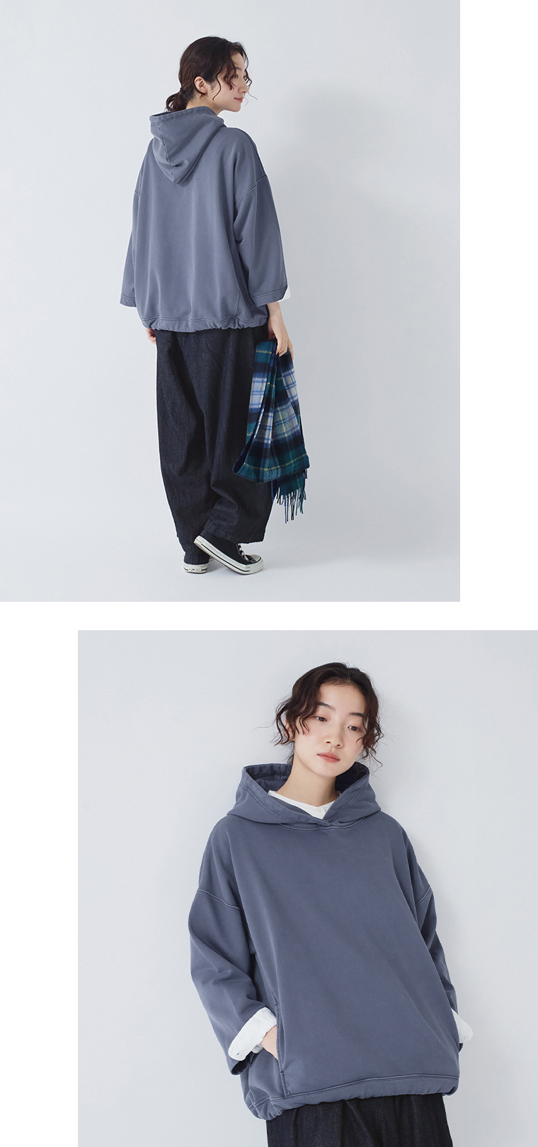 &yarn 裏毛ガーメントダイ加工ワイドフーディ(ネイビー)の全身後ろと上半身前