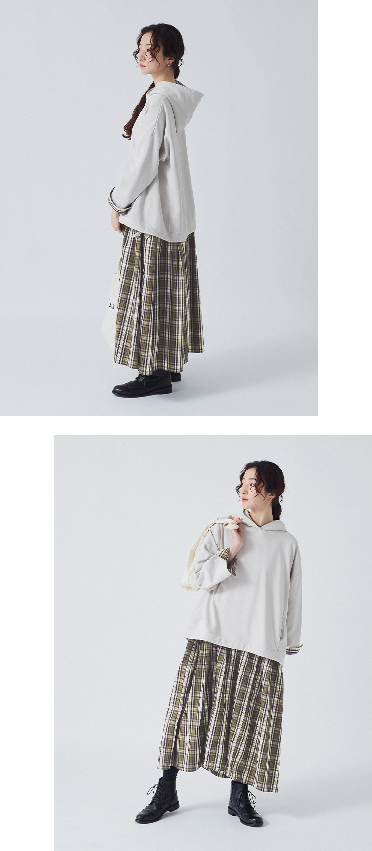 &yarn 裏毛ガーメントダイ加工ワイドフーディ(グレー)の全身横と全身前