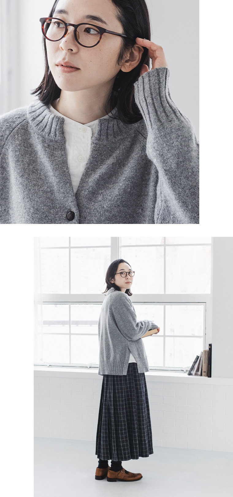 Bliss bunch ラムナイロンサイドスリットラグランカーディガン(杢グレー)の首元と袖口寄りと全身斜め後ろ