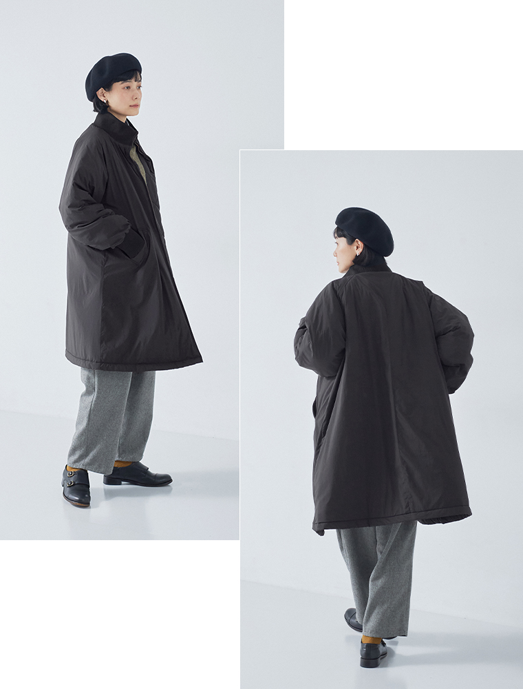 LUPILIEN by natulan  ナイロン中綿リブカラーコート　ブラック　横と後ろのシルエット