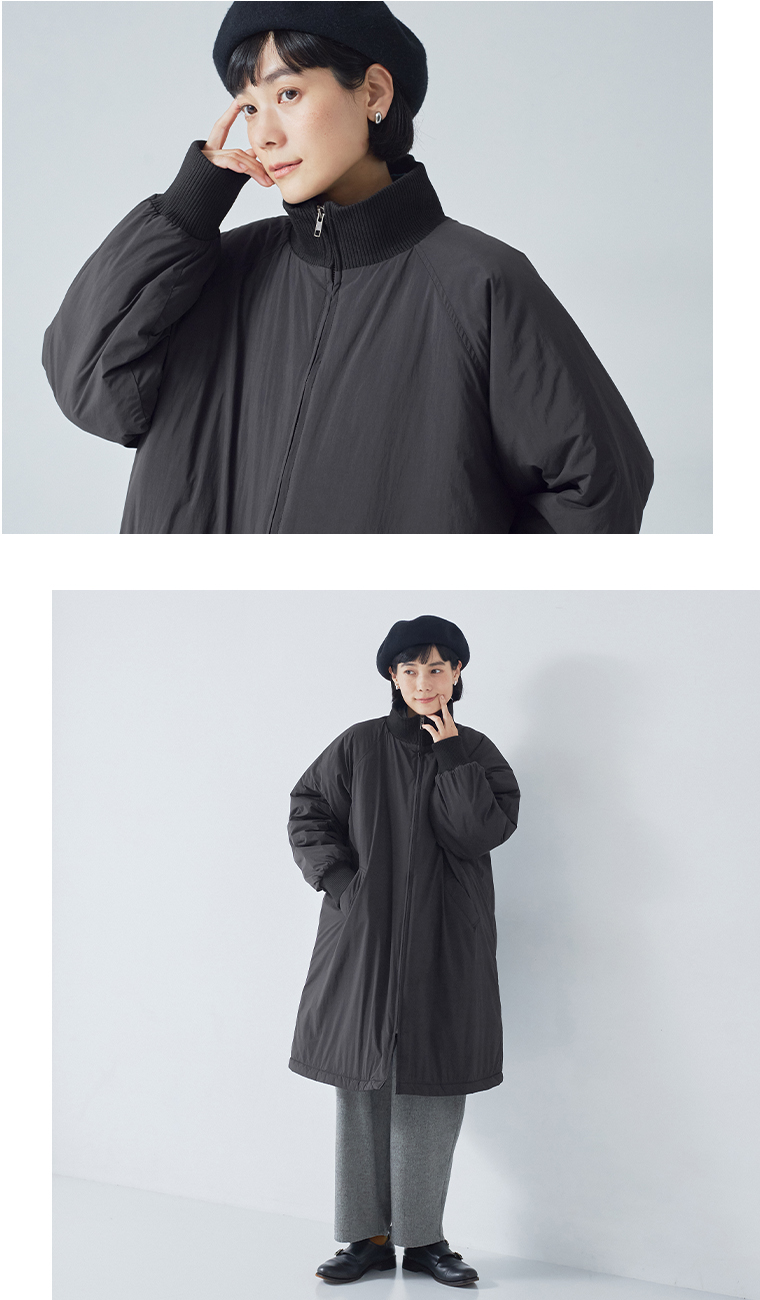 LUPILIEN by natulan  ナイロン中綿リブカラーコート　上半身寄りと正面全身