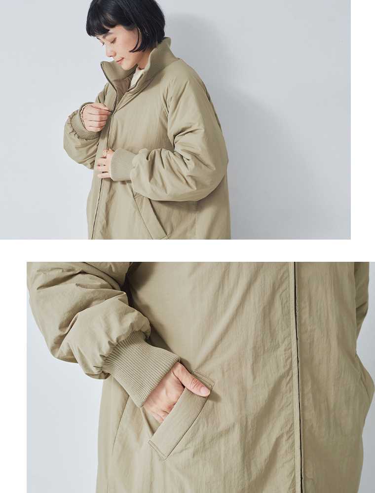 LUPILIEN by natulan  ナイロン中綿リブカラーコート　ベージュ　ポケットと上半身寄り