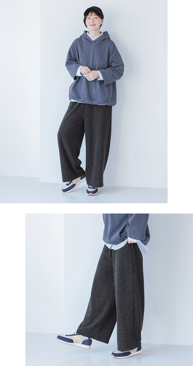 【 &yarn 】ニットワイドパンツ style01 チャコール 全身コーディネート＆パンツ寄り