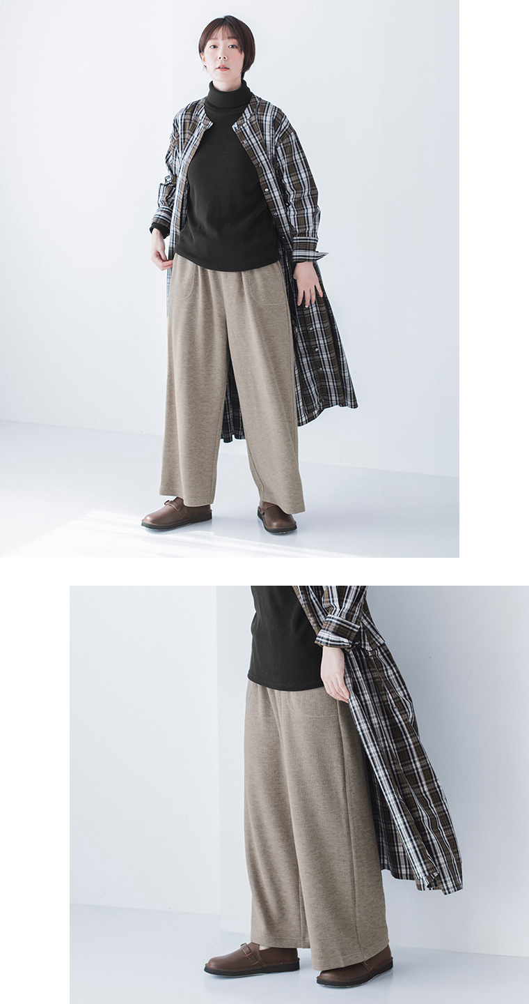 【 &yarn 】ニットワイドパンツ style02 ベージュ 全身コーディネート＆パンツ寄り