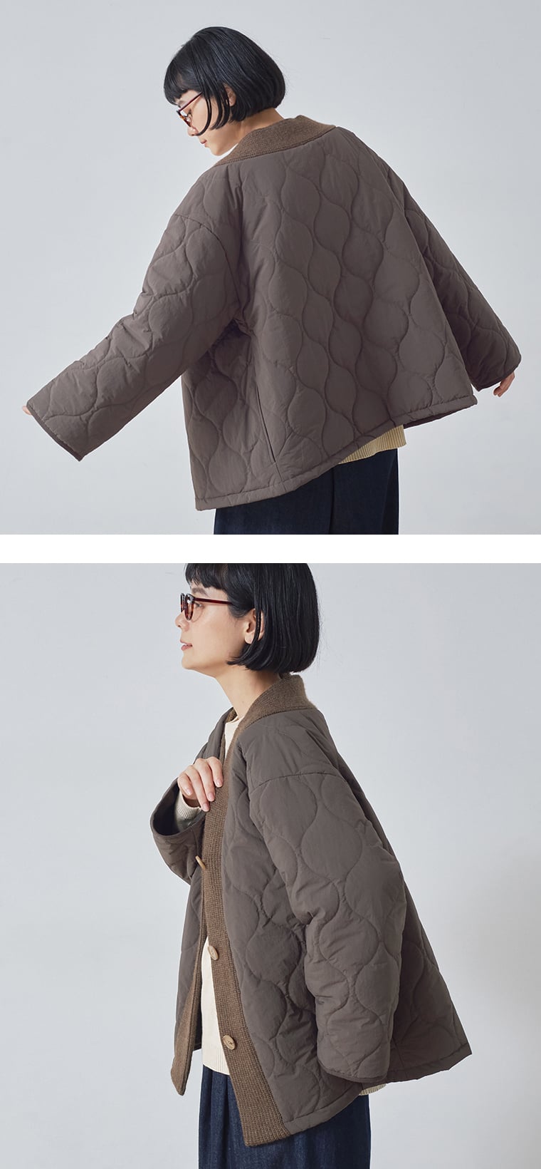 &yarn キルティング×ニット ノーカラージャケットブラウンのシルエット