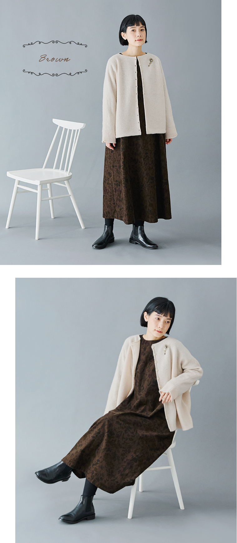 &yarn  コットンボタニカルプリントコーデュロイワンピース(ブラウン)のコーディネート