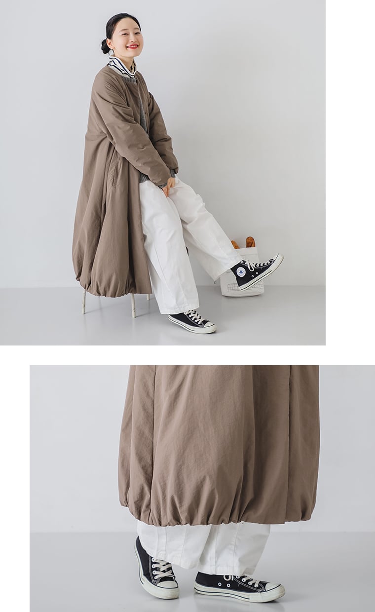 【 m.n 】バルーン中綿ノーカラーロングコート スモークブラウン 全身コーディネート＆裾寄り