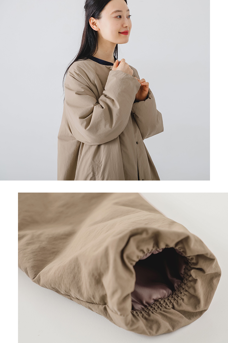 【 m.n 】バルーン中綿ノーカラーロングコート ダークベージュ 袖口見せ