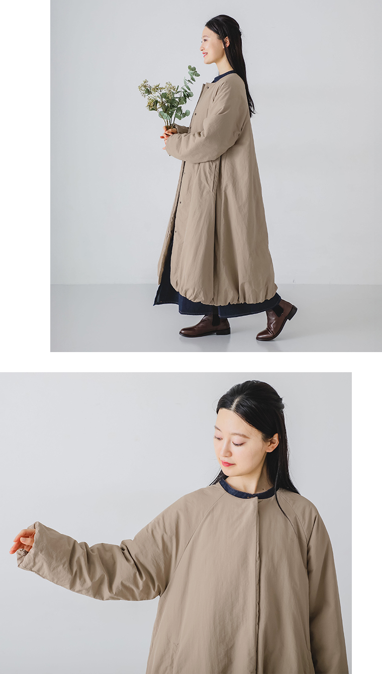 【 m.n 】バルーン中綿ノーカラーロングコート ダークベージュ 全身コーディネート＆ラグラン袖