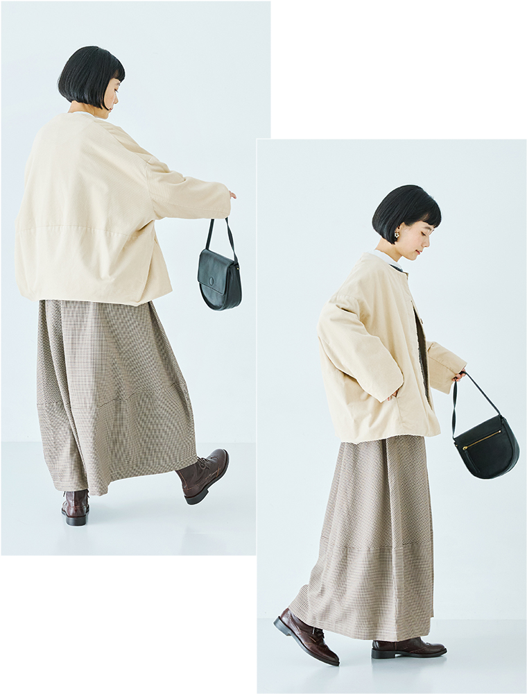 【 so 】コットン変形コーデュロイノーカラーコクーンジャケット ライトベージュ 全身コーディネート