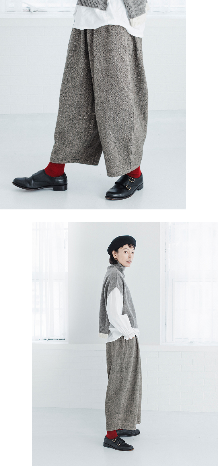 le ciel a temps doux ヘリンボーンセミワイドパンツ(ブラック)の下半身寄り横と全身横