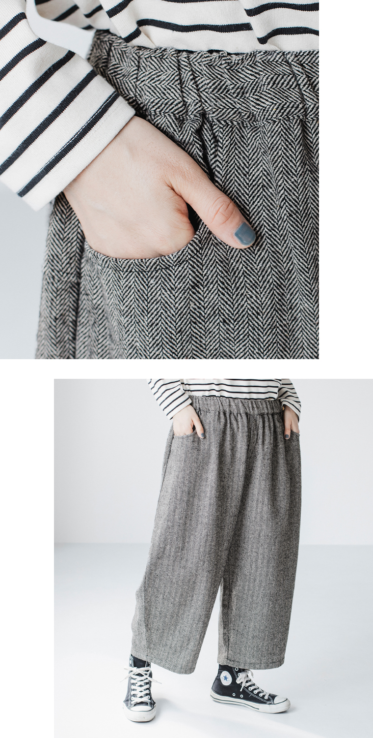 le ciel a temps doux ヘリンボーンセミワイドパンツ(ブラック)のポケット寄りと下半身寄り前