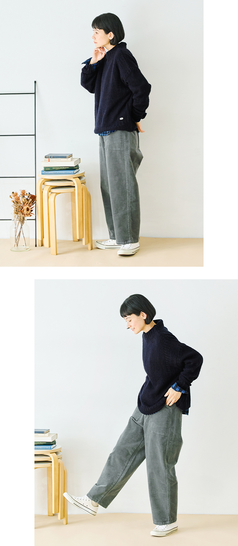 NORTHERN TRUCK コーデュロイワークストレートパンツ(グレー)の全身横2体