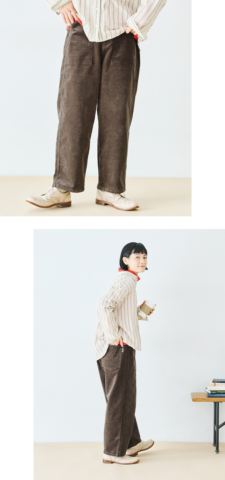 NORTHERN TRUCK コーデュロイワークストレートパンツ(ブラウン)の下半身寄り前と全身後ろ