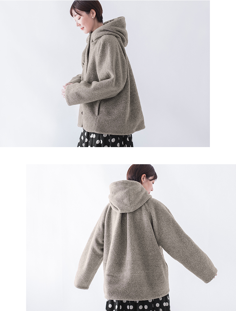 &yarn ブークレ フードショートコート　モカ　横と後ろのシルエット