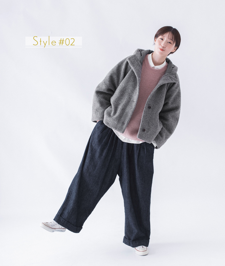 &yarn ブークレ フードショートコート　チャコールの着こなし