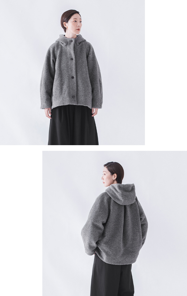 &yarn ブークレ フードショートコート　チャコール　寄り