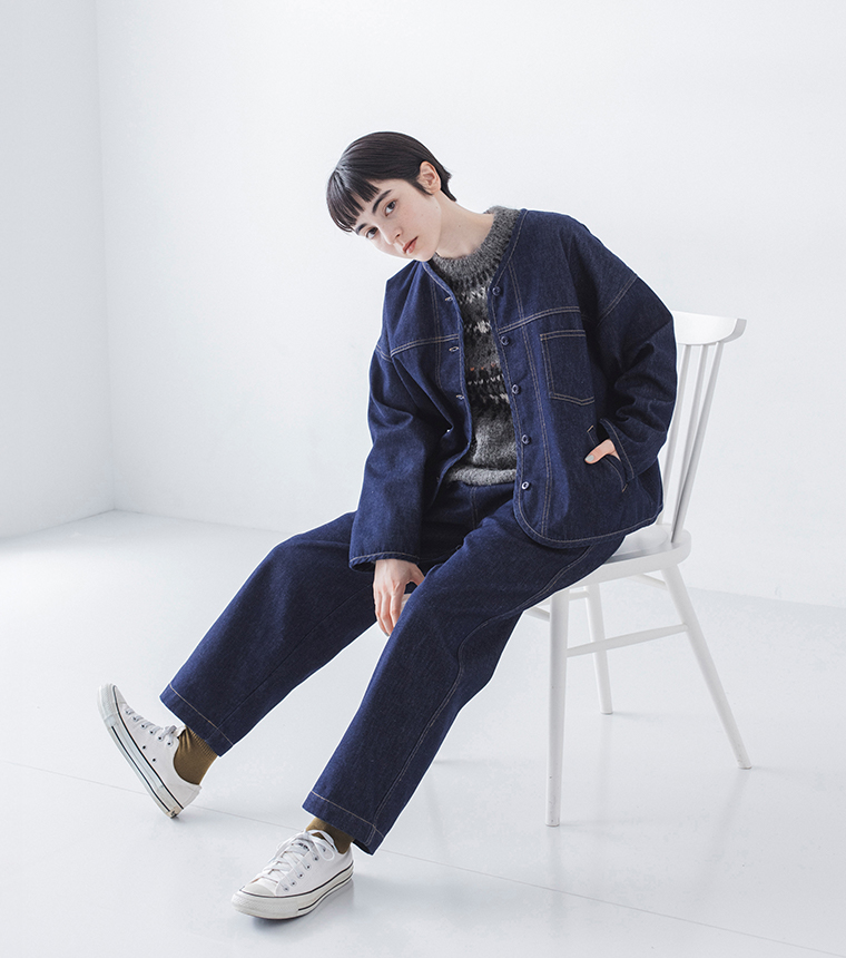 homeworking  裏ボアデニムあたたかパンツとジャケットのコーデ