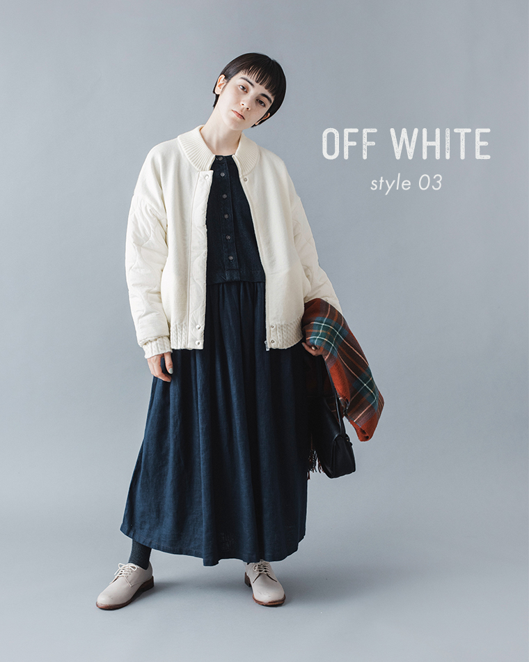 &yarnキルティングニットブルゾンオフホワイトのコーディネート