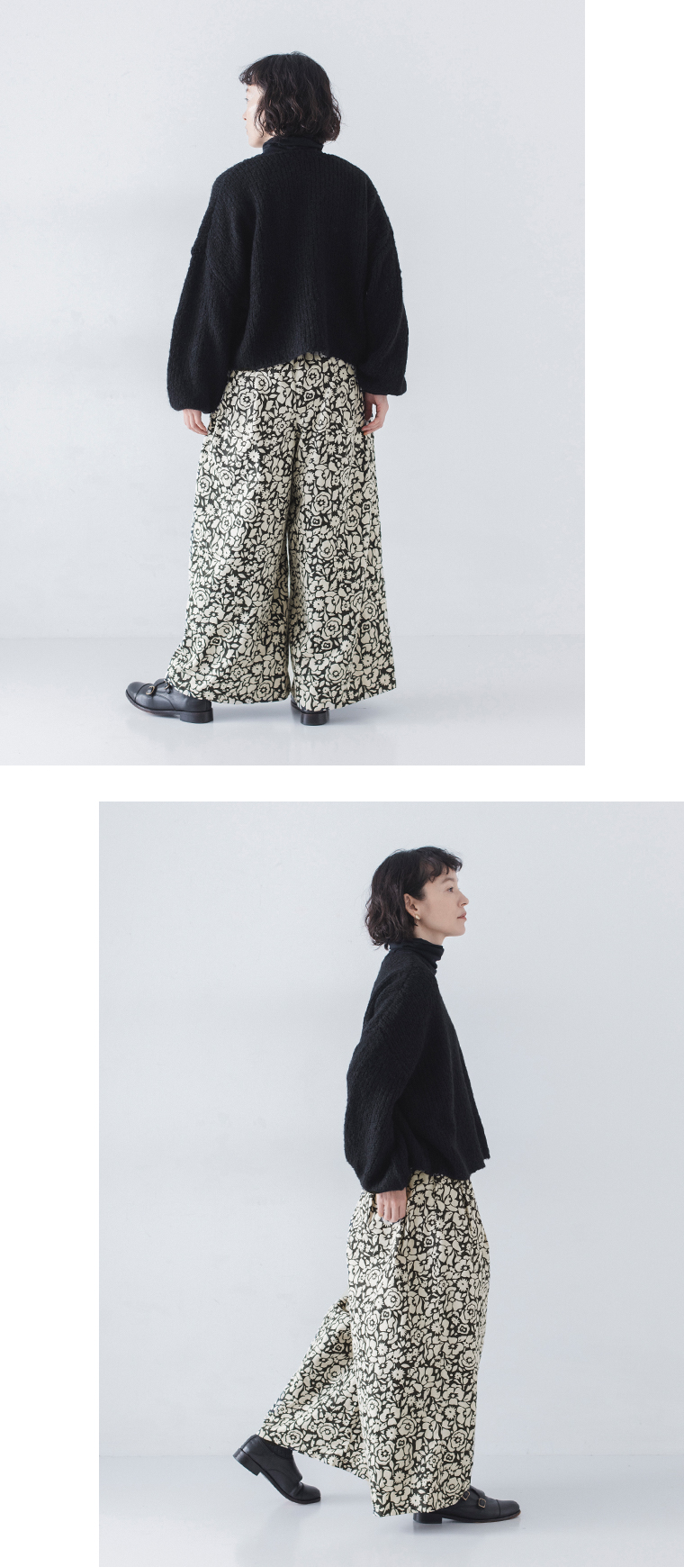 ichi ビエラ起毛フラワーセミワイドパンツ(ナチュラル)の全身後ろと横