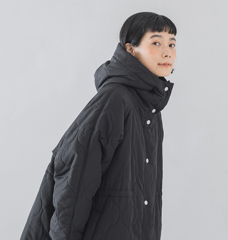 D*g*y ひょうたんキルトフーディーコートブラックのスタンドカラー