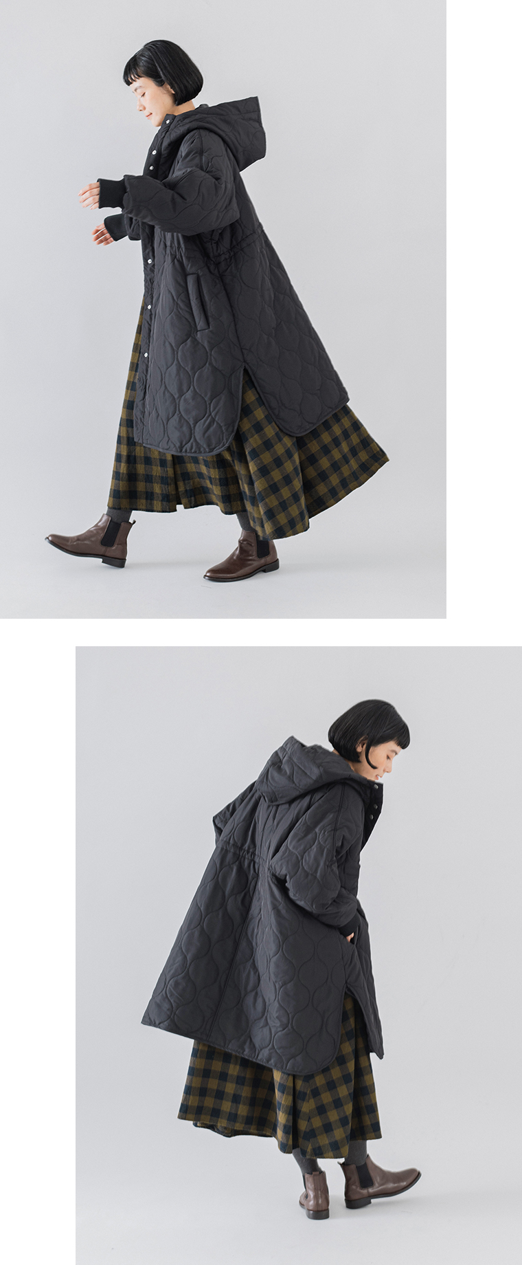 D*g*y ひょうたんキルトフーディーコートブラックのほどよいボリュームと着心地