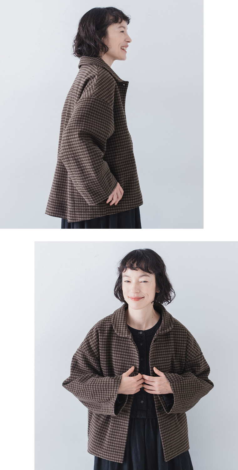 &yarn ギンガムチェック中綿ジャケット(ブラウン)の上半身寄り横と前