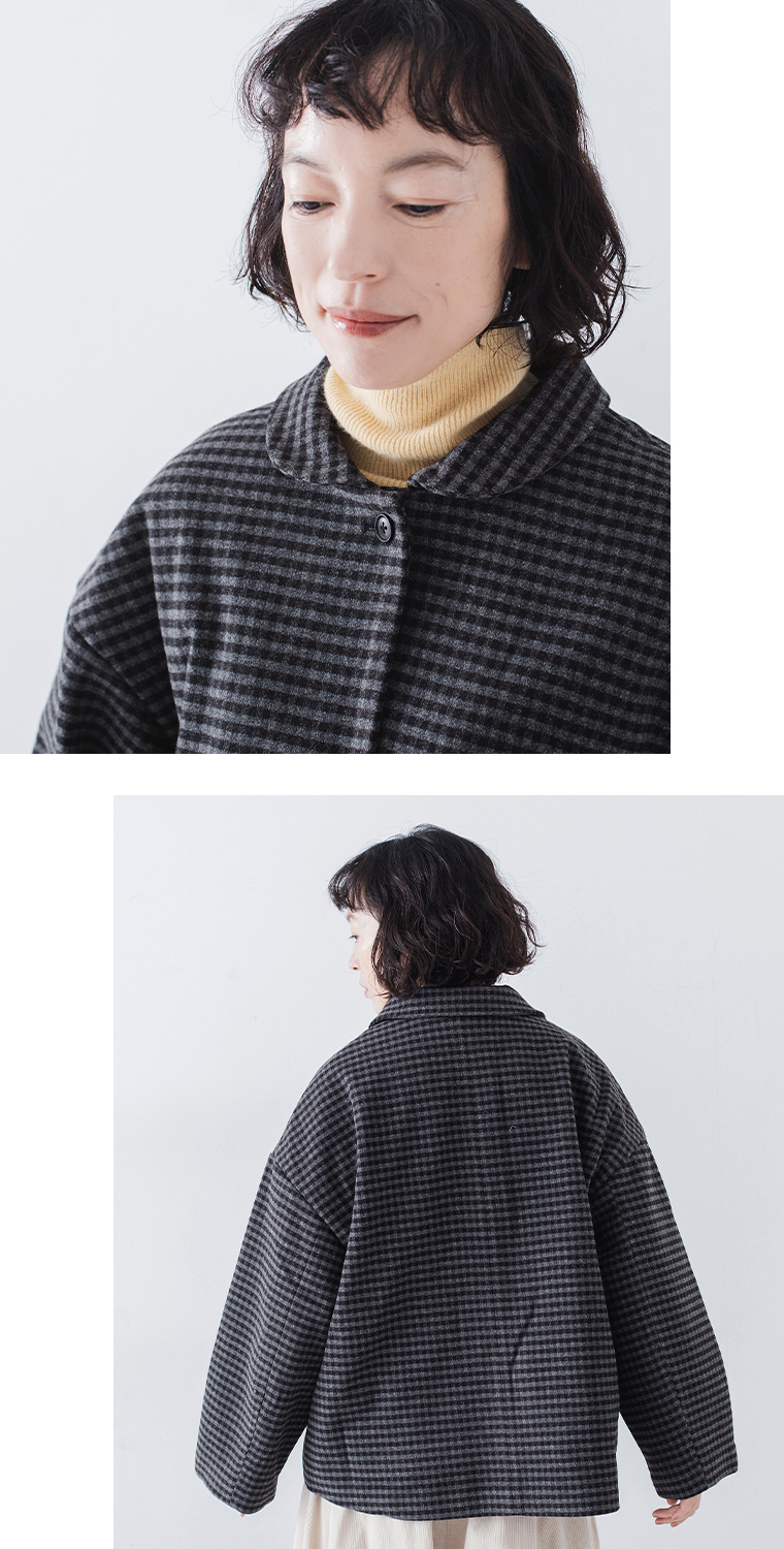 &yarn ギンガムチェック中綿ジャケット(グレー)の襟元アップと上半身後ろ