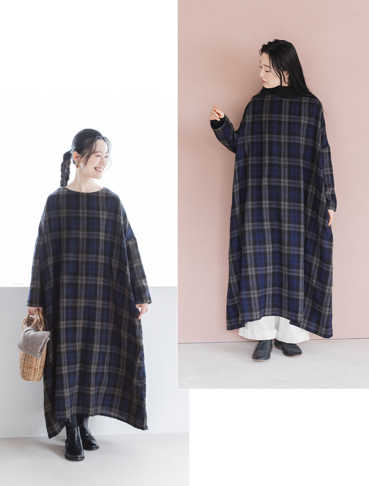 D*g*y チェックワンピースを着た女性モデルの全身カット（単品着用・アレンジコーデ）