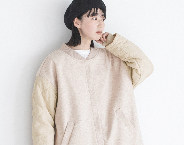 LUPILIEN ウールライク袖キルトブルゾンのバストアップカット 袖キルトの質感が分かる写真