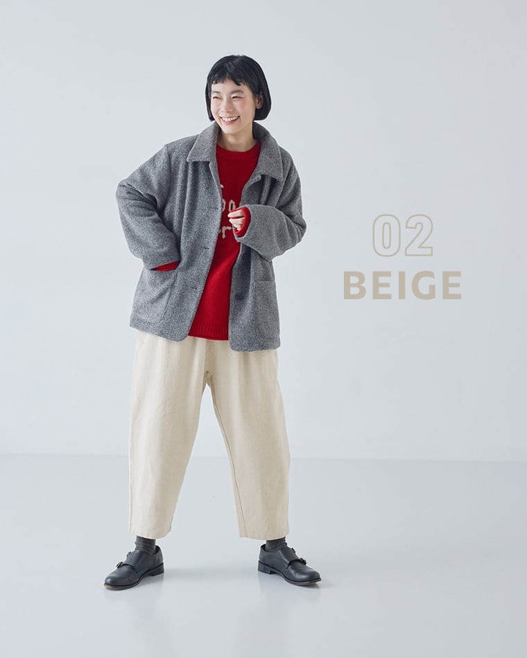 ista-ire 別注｜起毛コットンリネンツイル　あったかよくばりパンツ ベージュのコーディネート