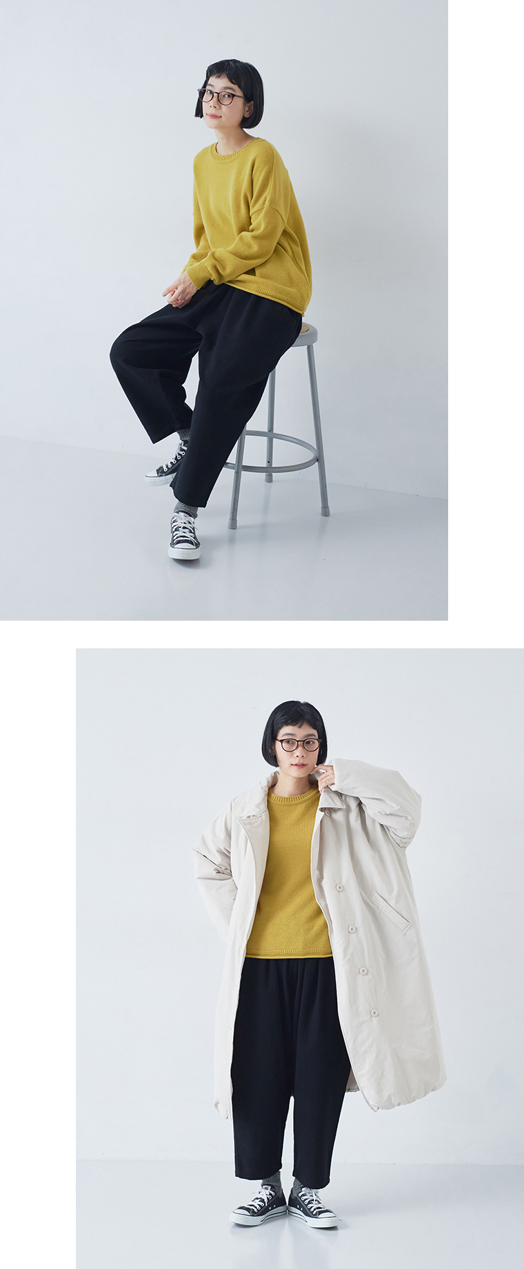 ista-ire 別注｜起毛コットンリネンツイル　あったかよくばりパンツ ブラックの素材とシルエット