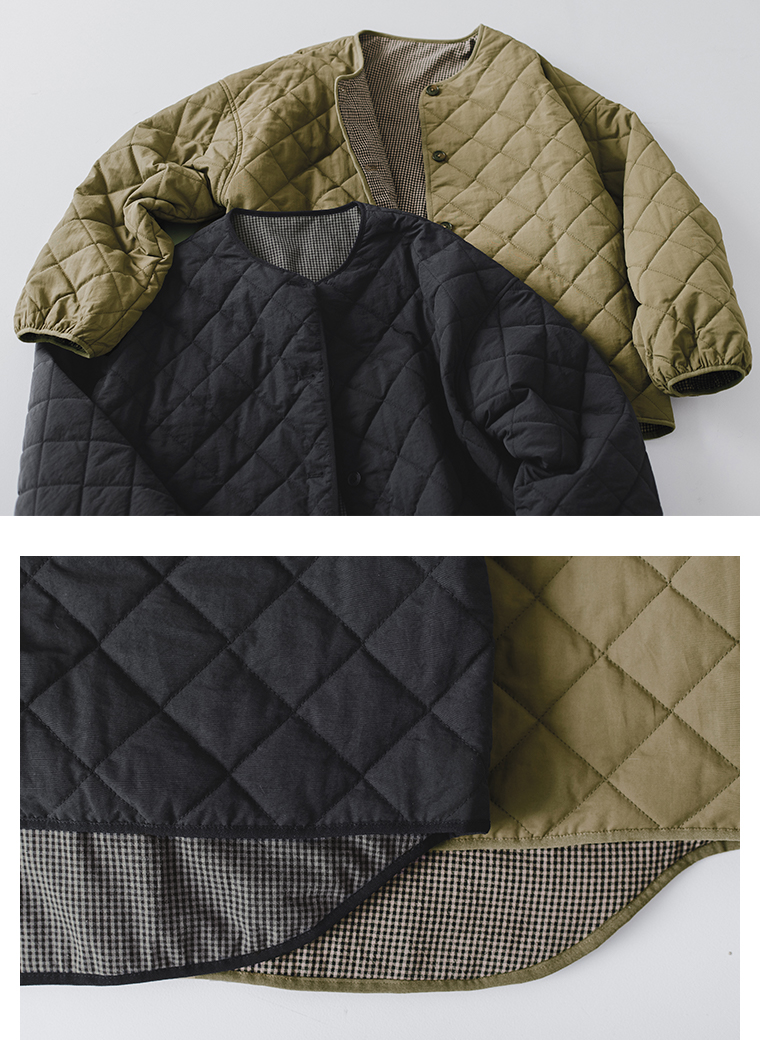 リバーシブルキルティングジャケットのカーキとブラックの2色を並べた商品イメージ