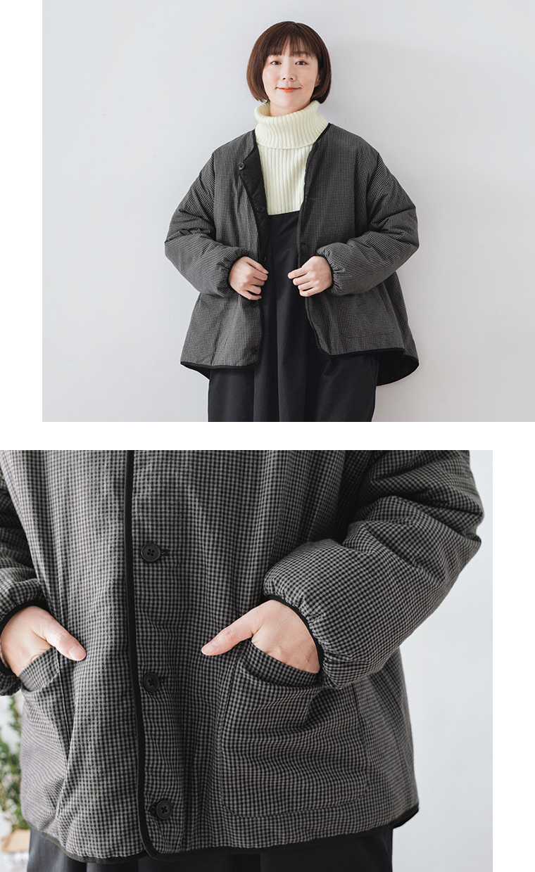 リバーシブルキルティングジャケット（ギンガムチェック）の前立てやポケットを写したディテール写真