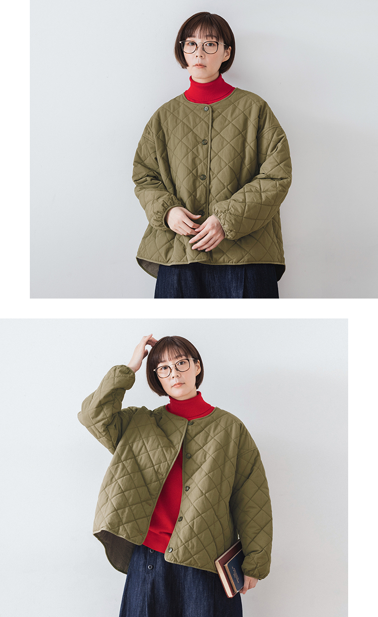 リバーシブルキルティングジャケット（カーキ）を主役にしたカジュアルコーデ