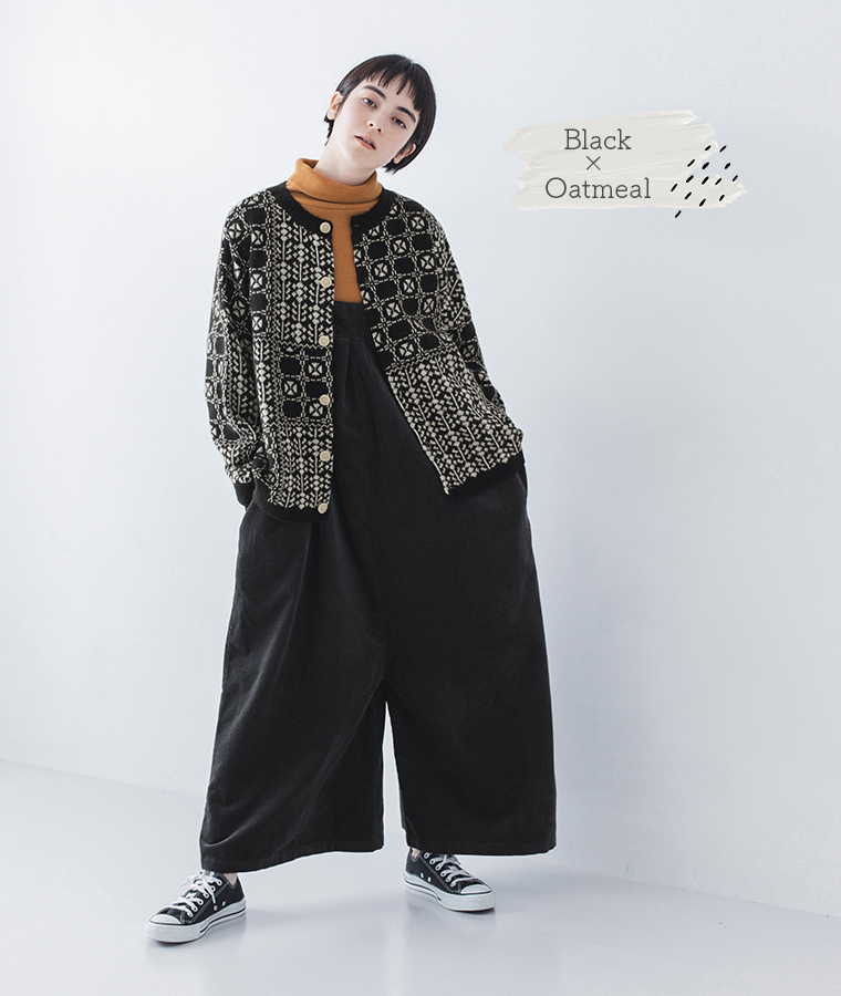 パッチワーク柄2wayカーディガン(ブラック×オートミール)のコーディネート