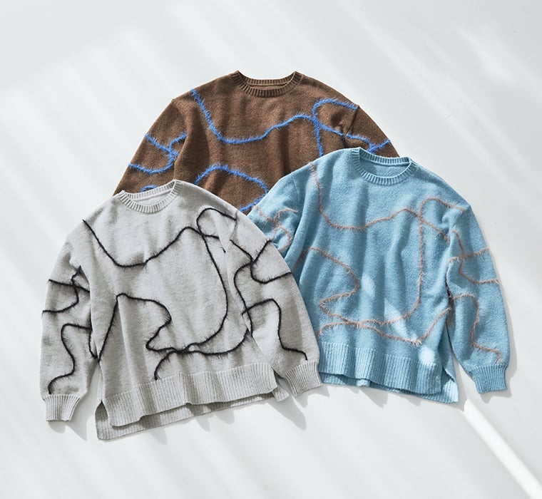 &yarn ニュアンスライン柄ニット抽象的なライン模様が入ったニット3色（グレー・ブルー・ブラウン）の商品画像