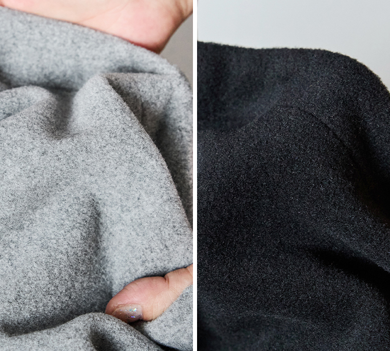 ライトグレーとブラックの別注｜スタンド襟ショートコートの生地比較画像