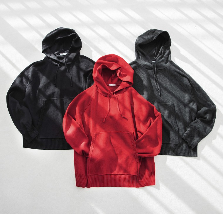 nop de nodプレーディング総針プルパーカ ブラック・レッド・ダークグレーのフーディー3色を並べた商品画像