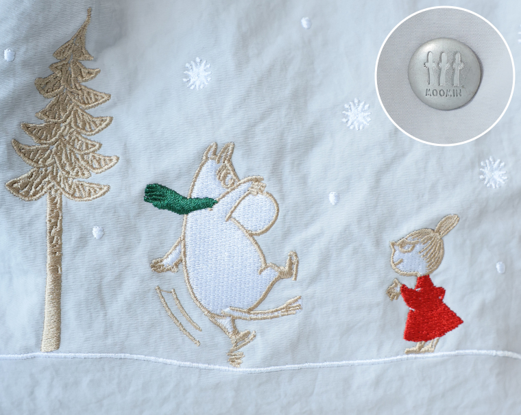 雪景色モチーフの刺繍を施したナチュラルデザインのトートバッグ生地アップ