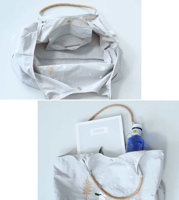 ファスナーポケット付きで収納しやすい刺繍トートバッグの内側仕様