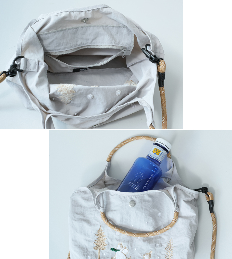 内側にファスナーポケットを備えた刺繍トートバッグの収納仕様