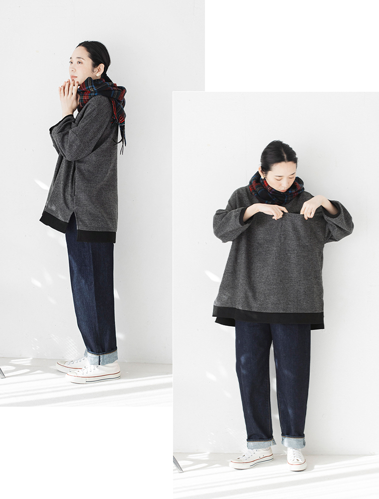 D*g*yのツイード素材リブチュニック（グレー）を着用したサイドシルエット