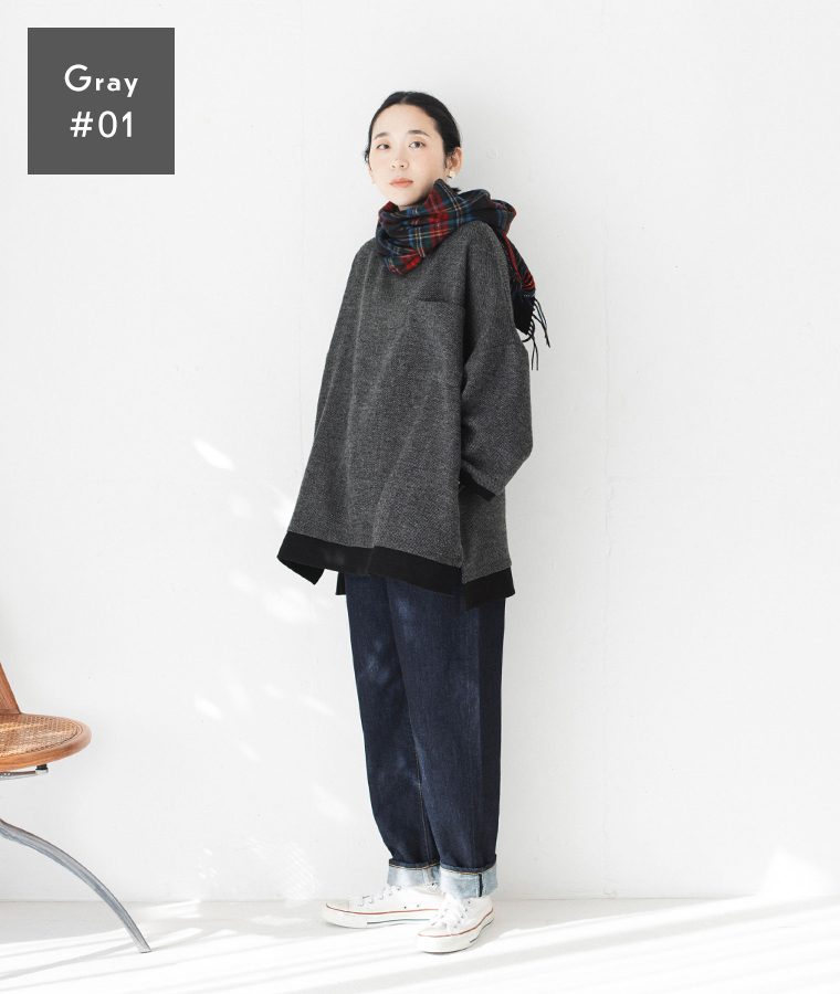 D*g*yのツイード素材リブチュニック（グレー）をデニムと合わせたカジュアルコーディネート